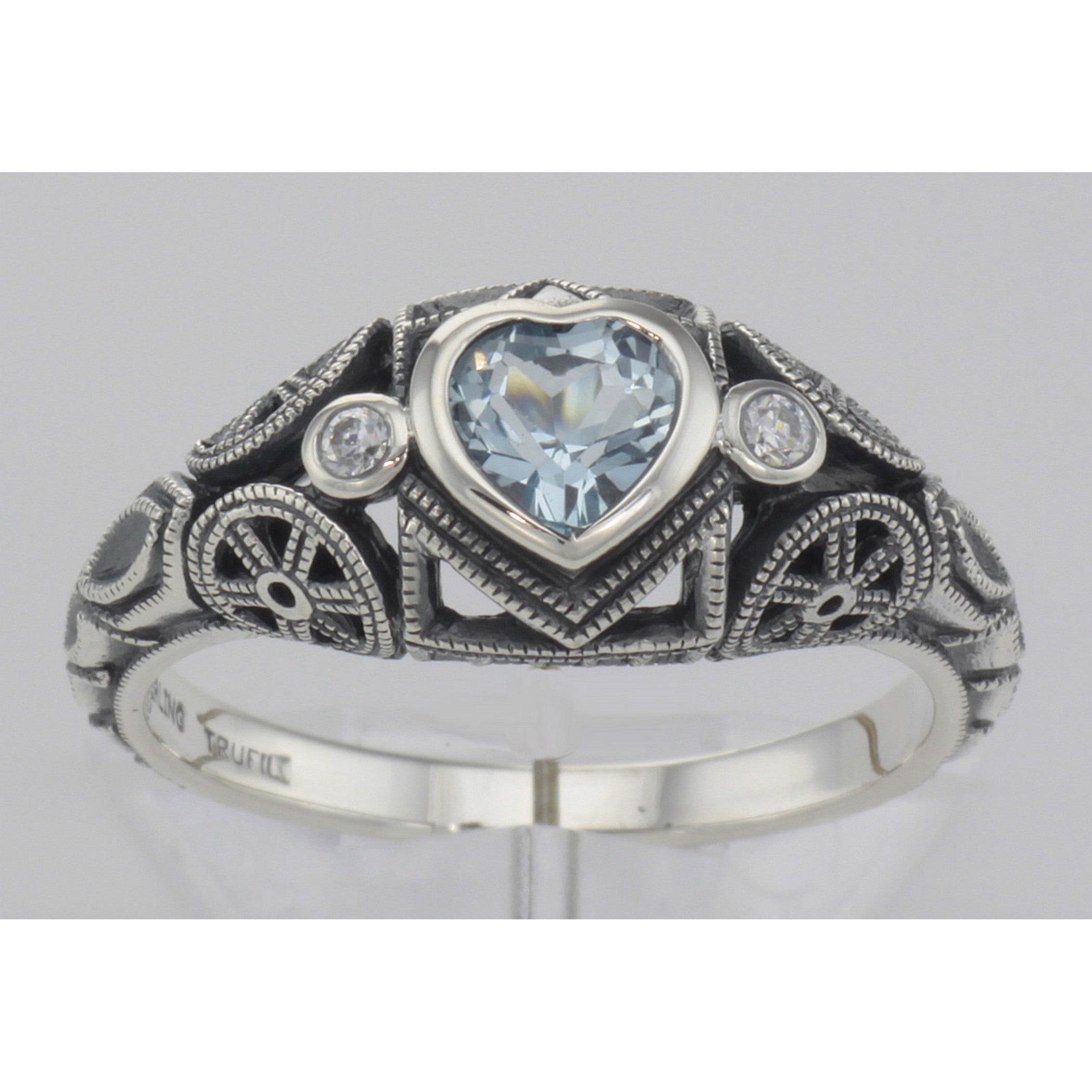 Detail view of Victorian Style Heart Shaped Blue Topaz White Topaz Ring Sterling Silver highlighting Blue Topaz, White Topaz