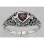 Detail view of Victorian Style Heart Shaped Garnet White Topaz Ring Sterling Silver highlighting Garnet, White Topaz