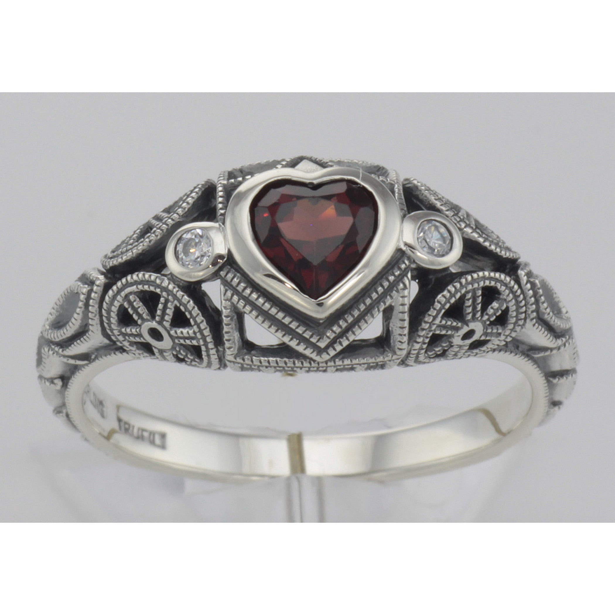 Detail view of Victorian Style Heart Shaped Garnet White Topaz Ring Sterling Silver highlighting Garnet, White Topaz