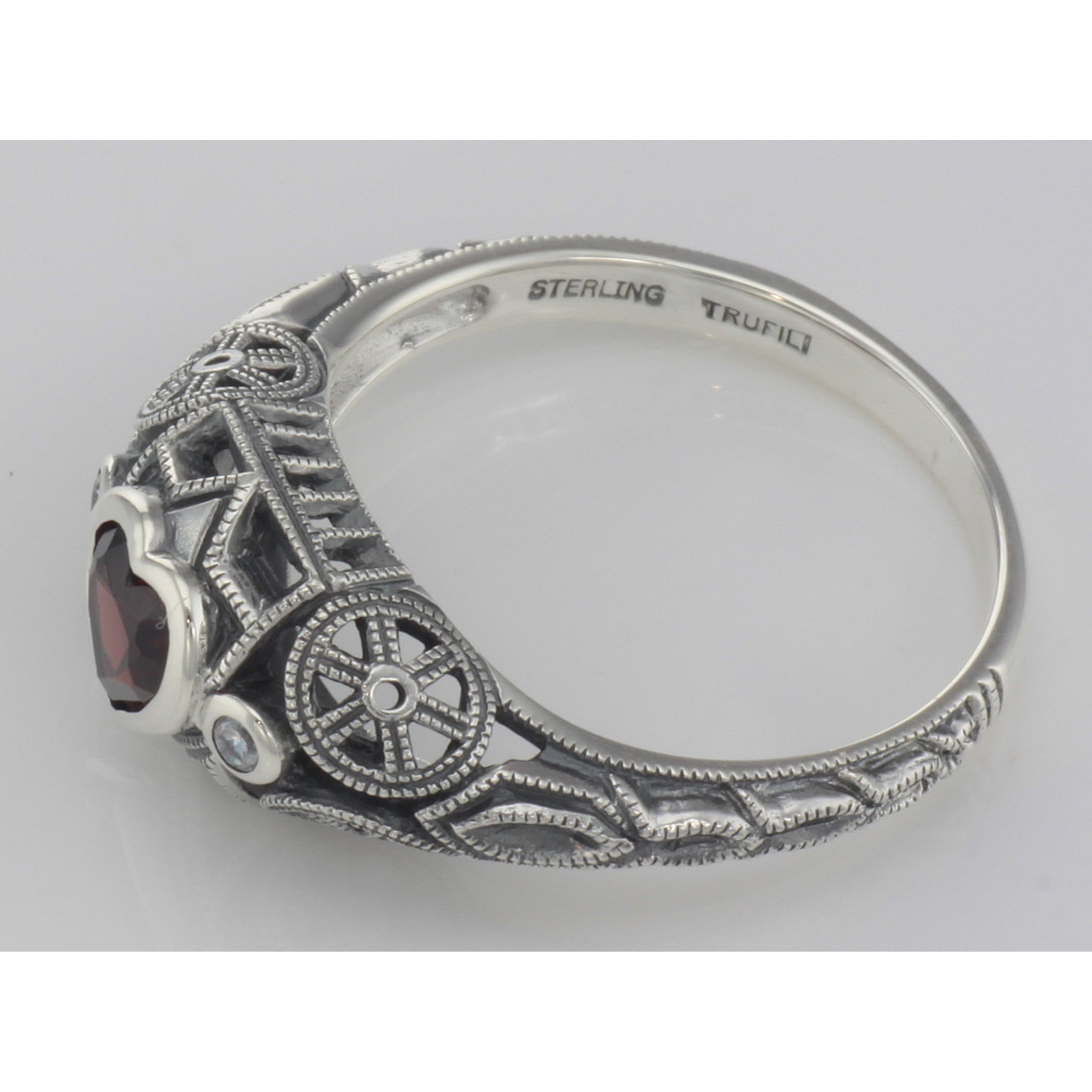 Back view of Victorian Style Heart Shaped Garnet White Topaz Ring Sterling Silver showing 925 sterling silver hallmark