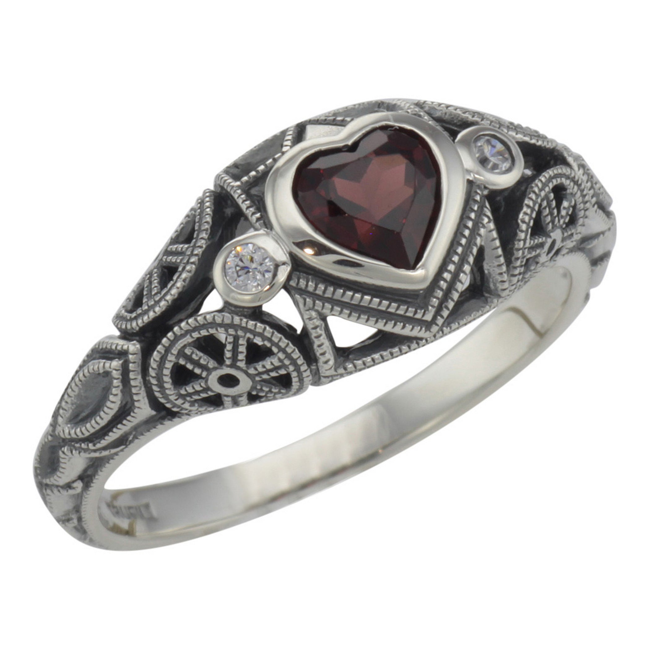 Victorian style, Garnet, White Topaz, sterling silver rings, front view