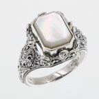 Back view of Unique Black Onyx / Mother of Pearl Filigree Flip Ring showing 925 sterling silver hallmark