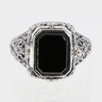 Detail view of Unique Black Onyx / Mother of Pearl Filigree Flip Ring highlighting Black Onyx, Onyx