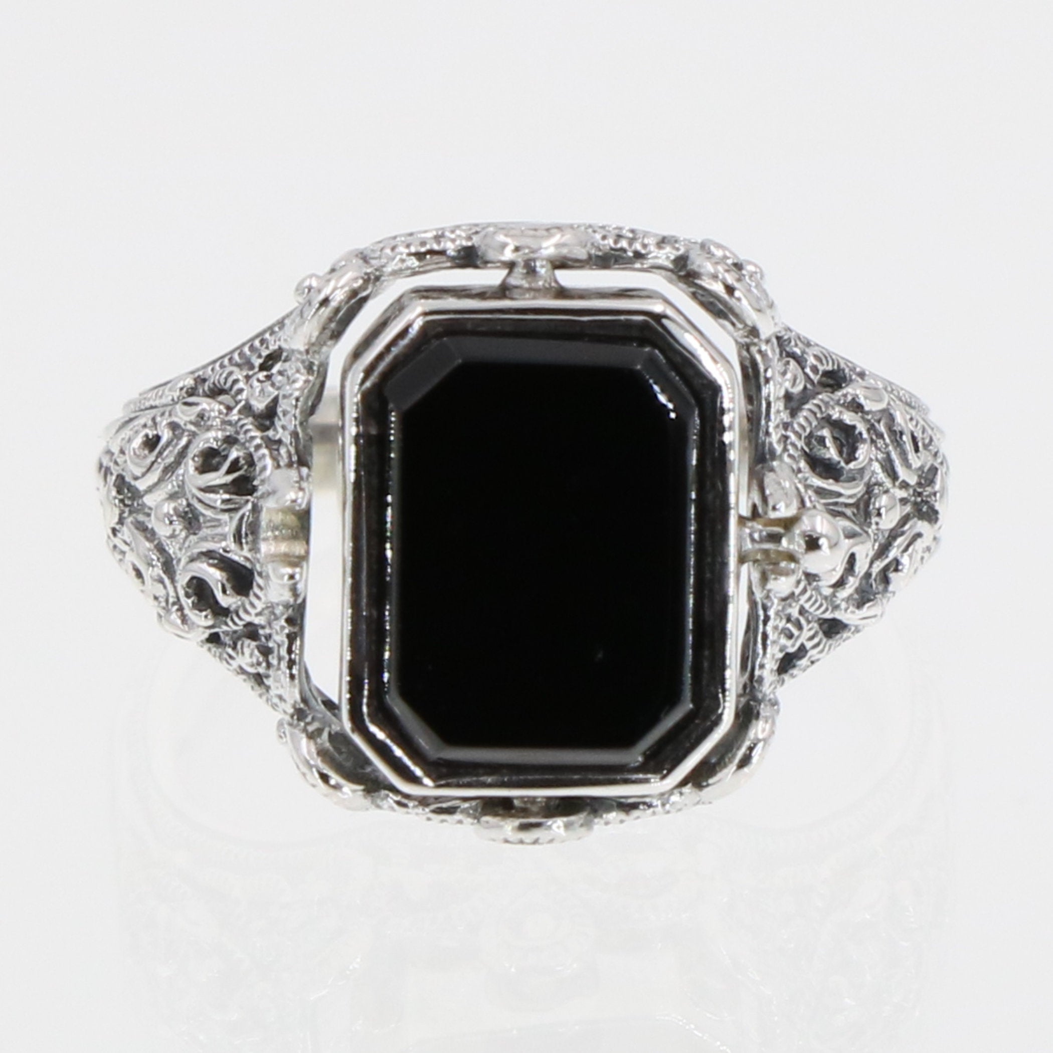 Detail view of Unique Black Onyx / Mother of Pearl Filigree Flip Ring highlighting Black Onyx, Onyx