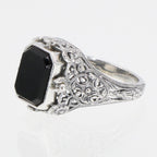 Detail view of Unique Black Onyx / Mother of Pearl Filigree Flip Ring highlighting Black Onyx, Onyx
