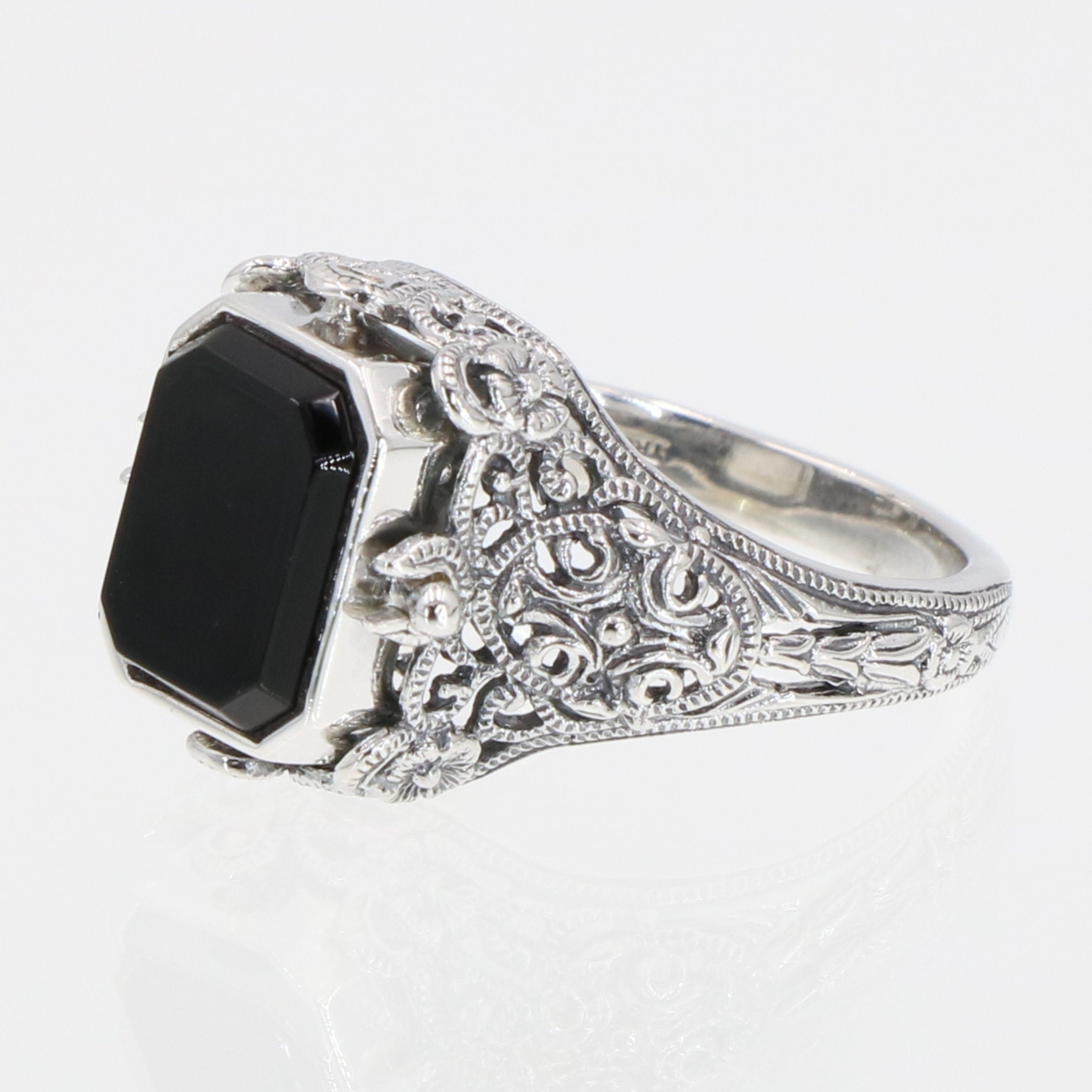Detail view of Unique Black Onyx / Mother of Pearl Filigree Flip Ring highlighting Black Onyx, Onyx