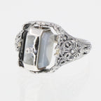 Detail view of Unique Black Onyx / Mother of Pearl Filigree Flip Ring highlighting Black Onyx, Onyx