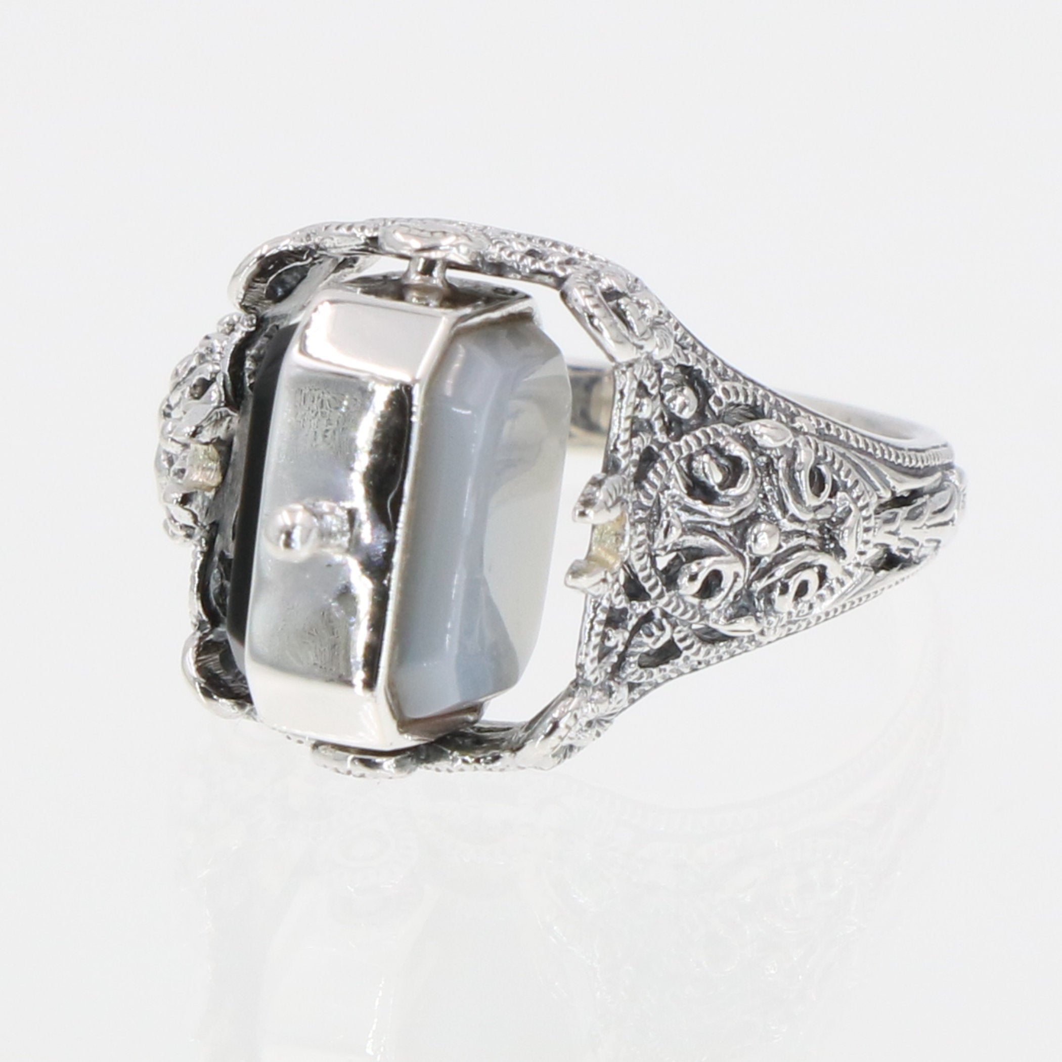 Detail view of Unique Black Onyx / Mother of Pearl Filigree Flip Ring highlighting Black Onyx, Onyx