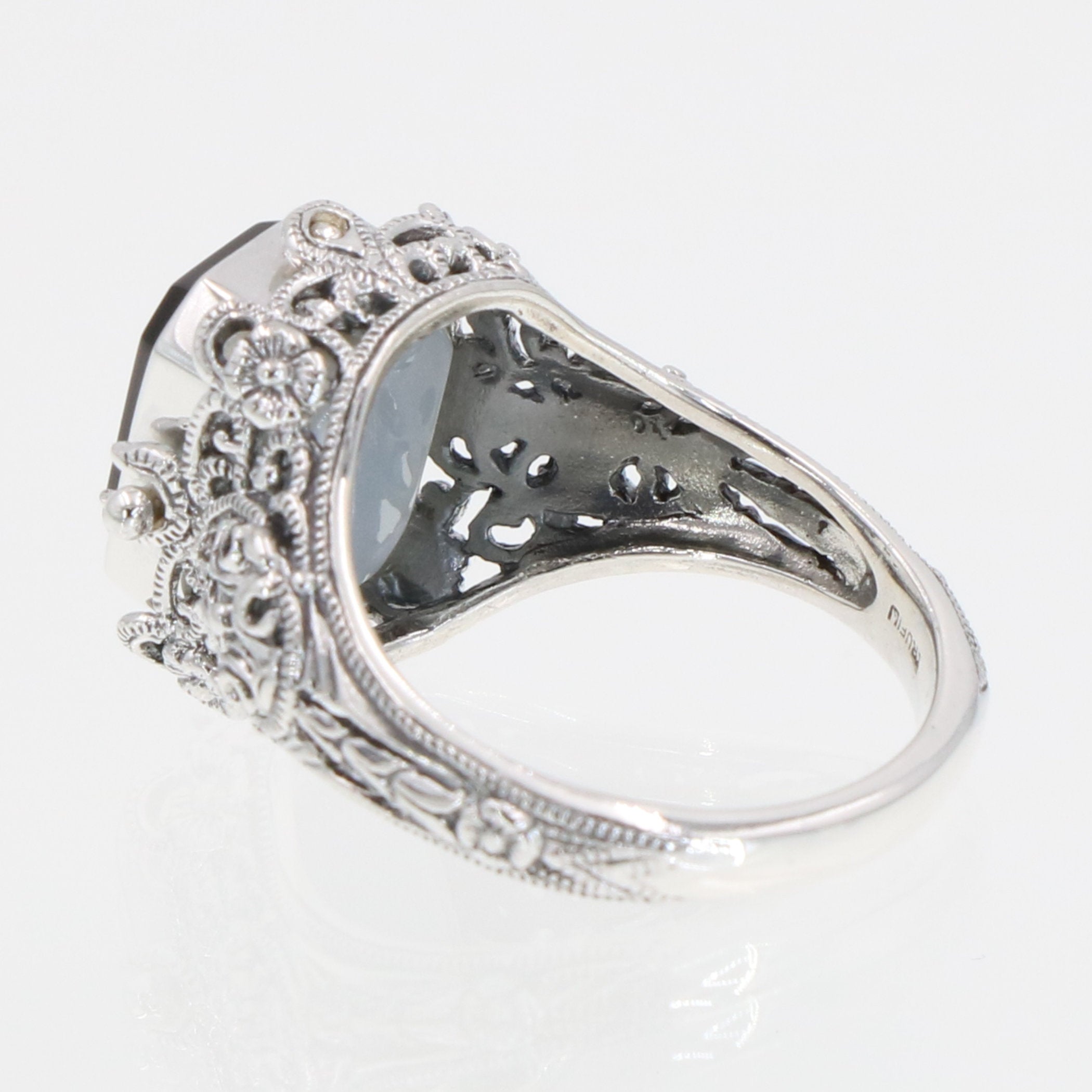 Detail view of Unique Black Onyx / Mother of Pearl Filigree Flip Ring highlighting Black Onyx, Onyx