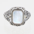 Detail view of Unique Black Onyx / Mother of Pearl Filigree Flip Ring highlighting Black Onyx, Onyx