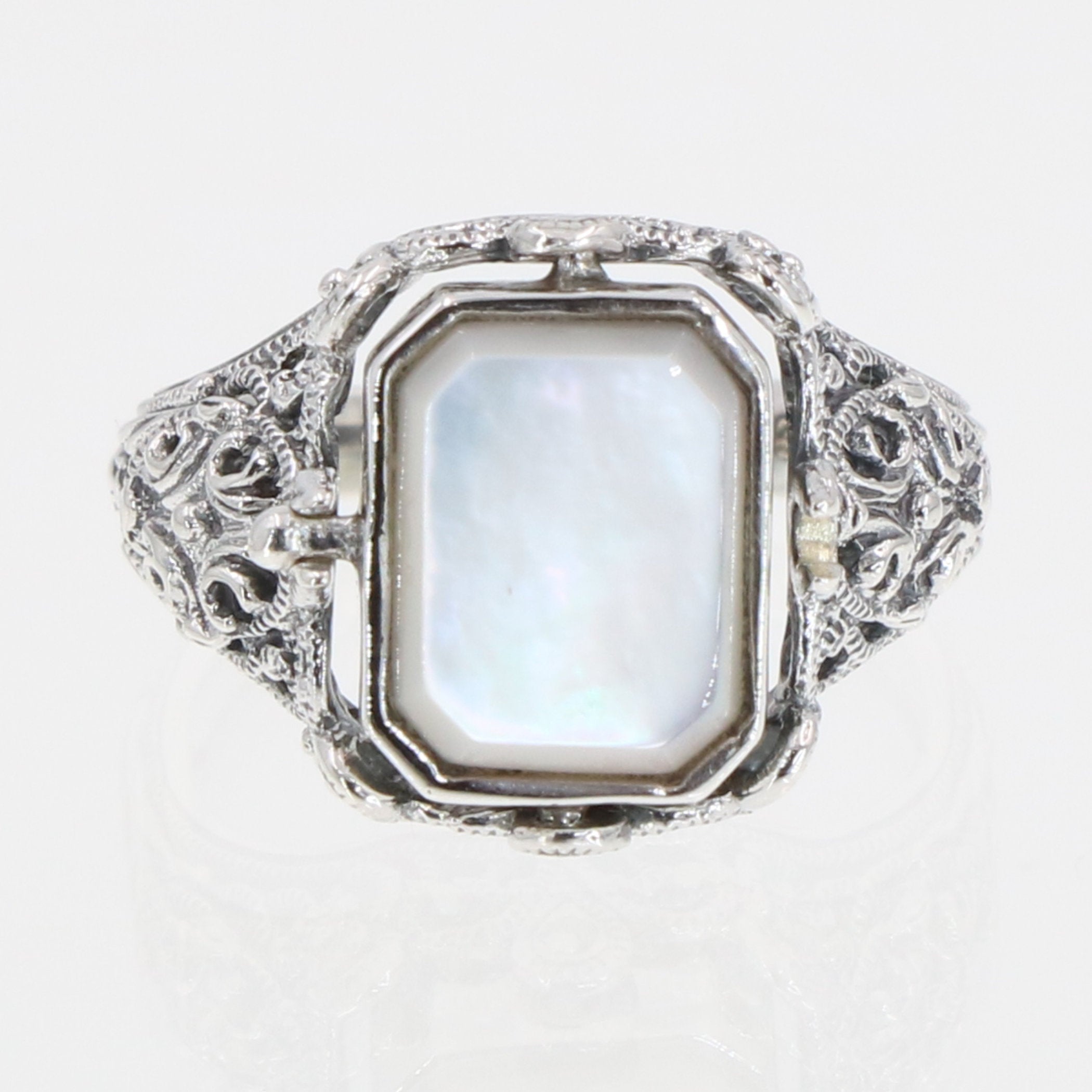 Detail view of Unique Black Onyx / Mother of Pearl Filigree Flip Ring highlighting Black Onyx, Onyx