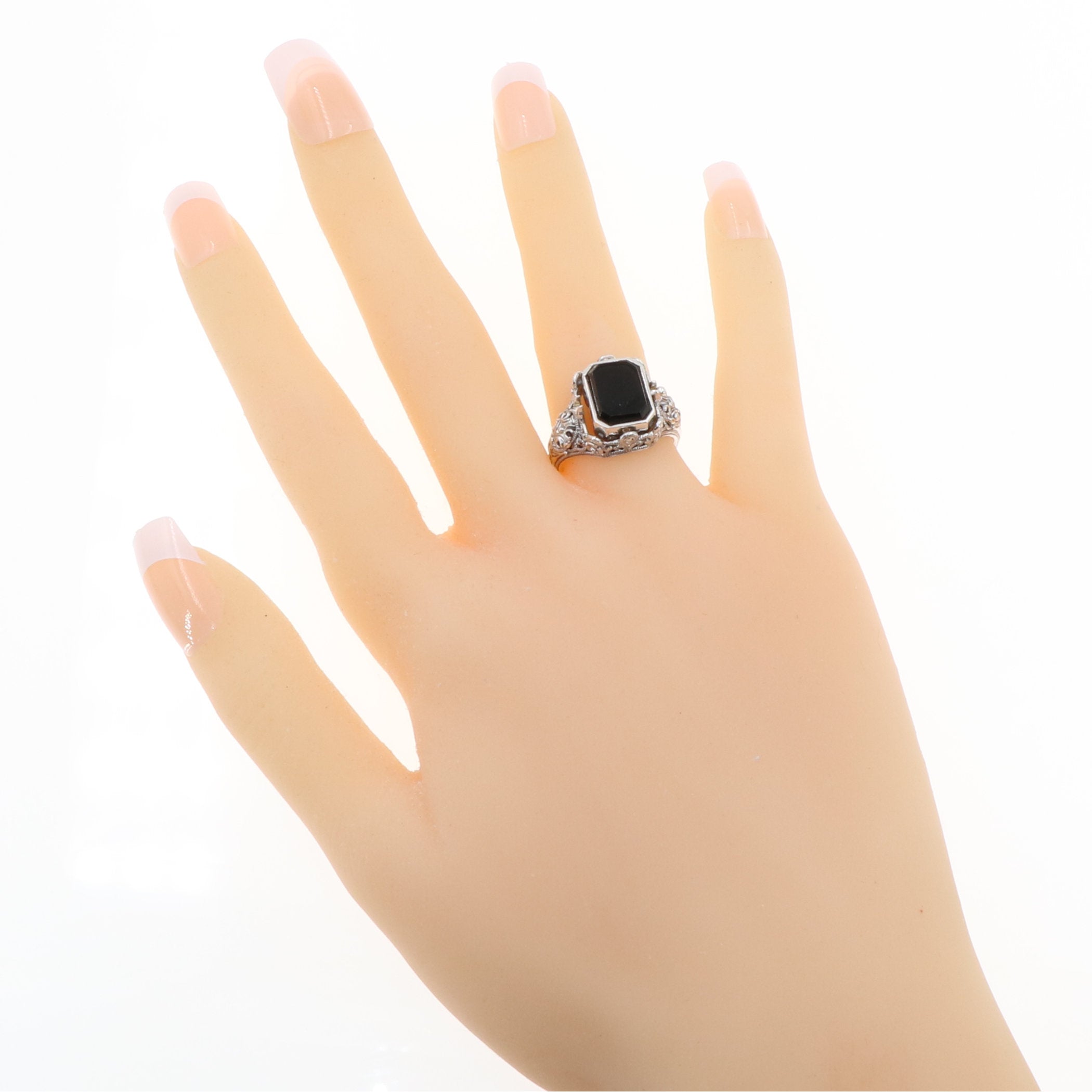 Detail view of Unique Black Onyx / Mother of Pearl Filigree Flip Ring highlighting Black Onyx, Onyx