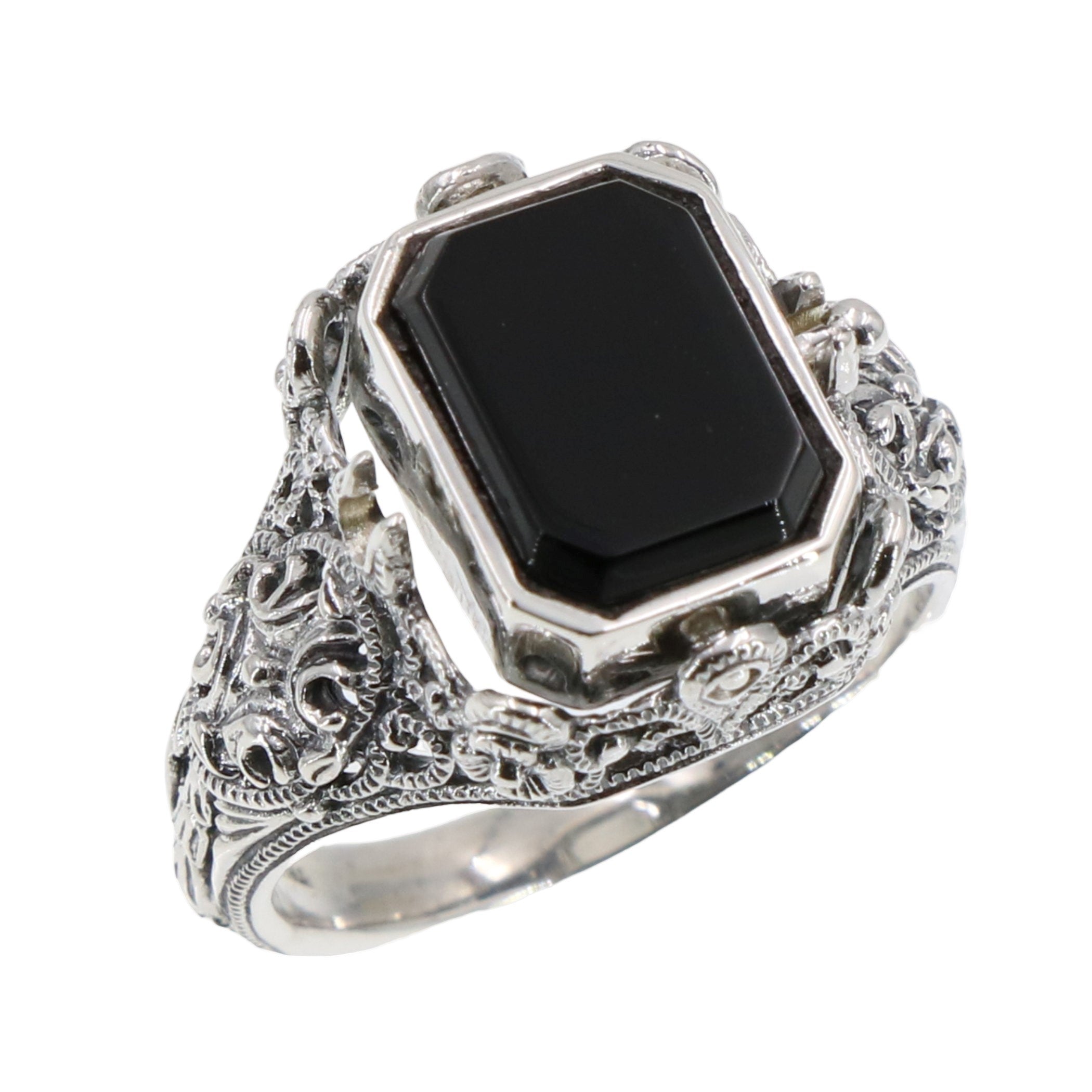 Filigree, Black Onyx, Onyx, sterling silver rings, front view