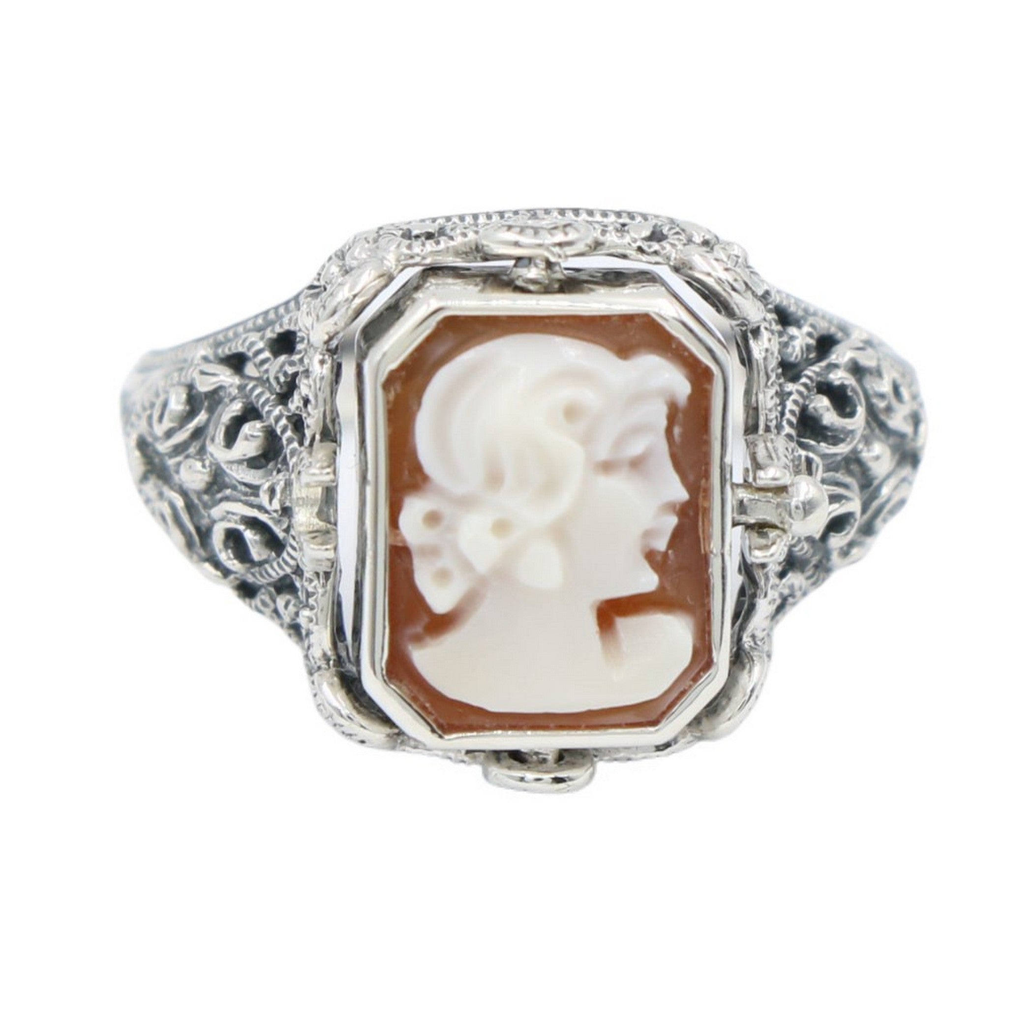 Back view of Hand Carved Italian Cameo / Lapis Filigree Flip Ring showing 925 sterling silver hallmark