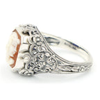 Detail view of Hand Carved Italian Cameo / Lapis Filigree Flip Ring highlighting Lapis