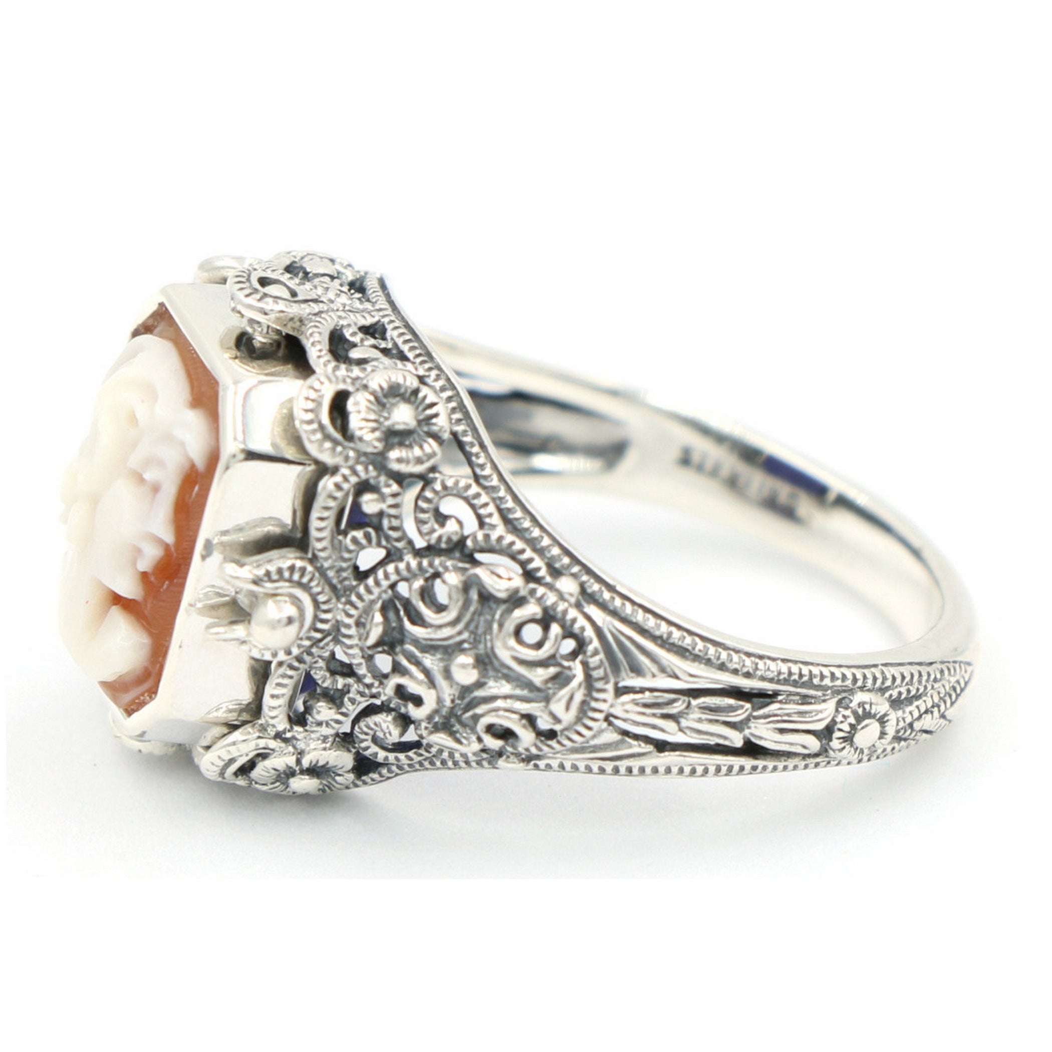 Detail view of Hand Carved Italian Cameo / Lapis Filigree Flip Ring highlighting Lapis