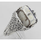 Detail view of Hand Carved Italian Cameo / Lapis Filigree Flip Ring highlighting Lapis