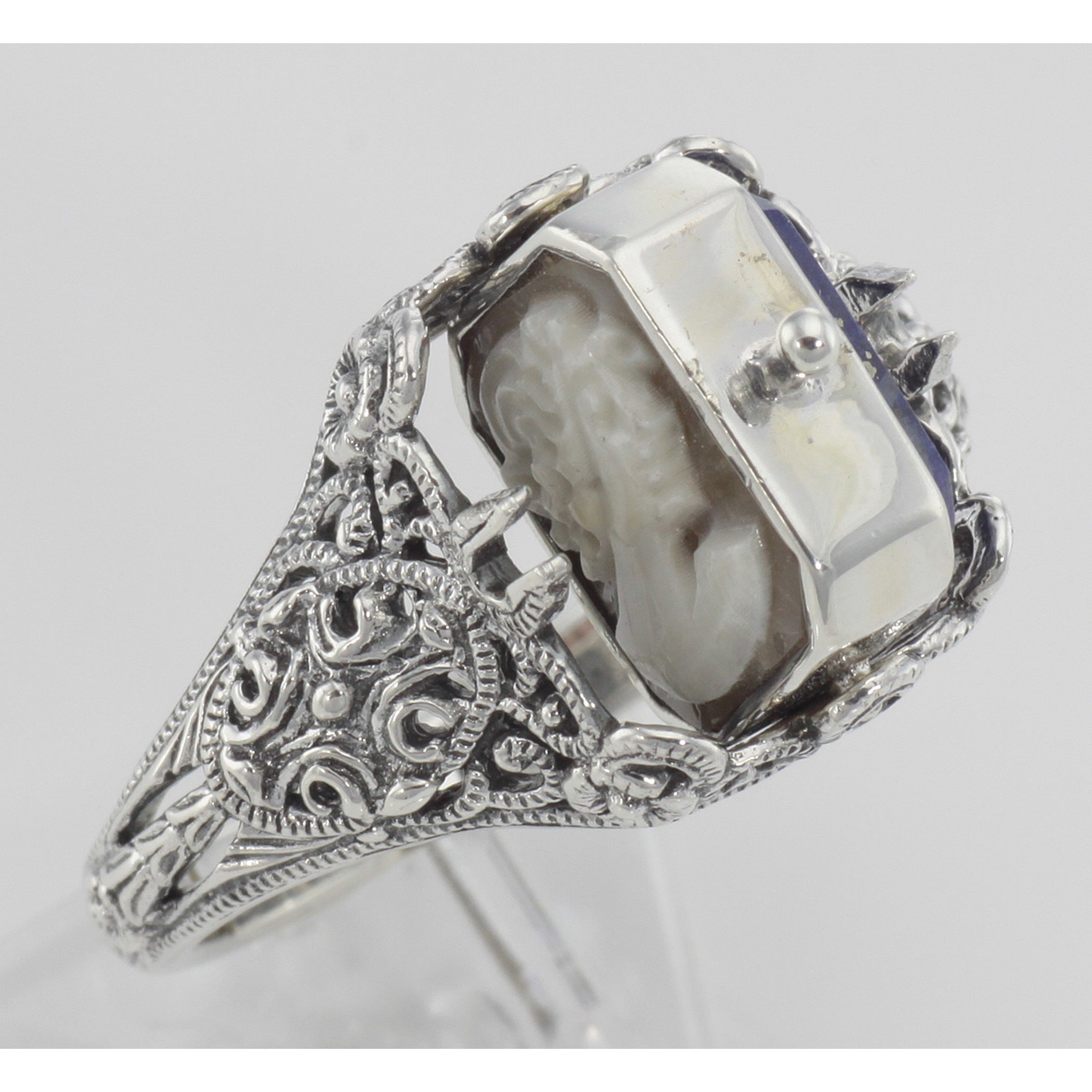 Detail view of Hand Carved Italian Cameo / Lapis Filigree Flip Ring highlighting Lapis