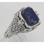 Detail view of Hand Carved Italian Cameo / Lapis Filigree Flip Ring highlighting Lapis
