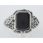 Detail view of Hand Carved Italian Cameo / Onyx Filigree Flip Ring highlighting Onyx