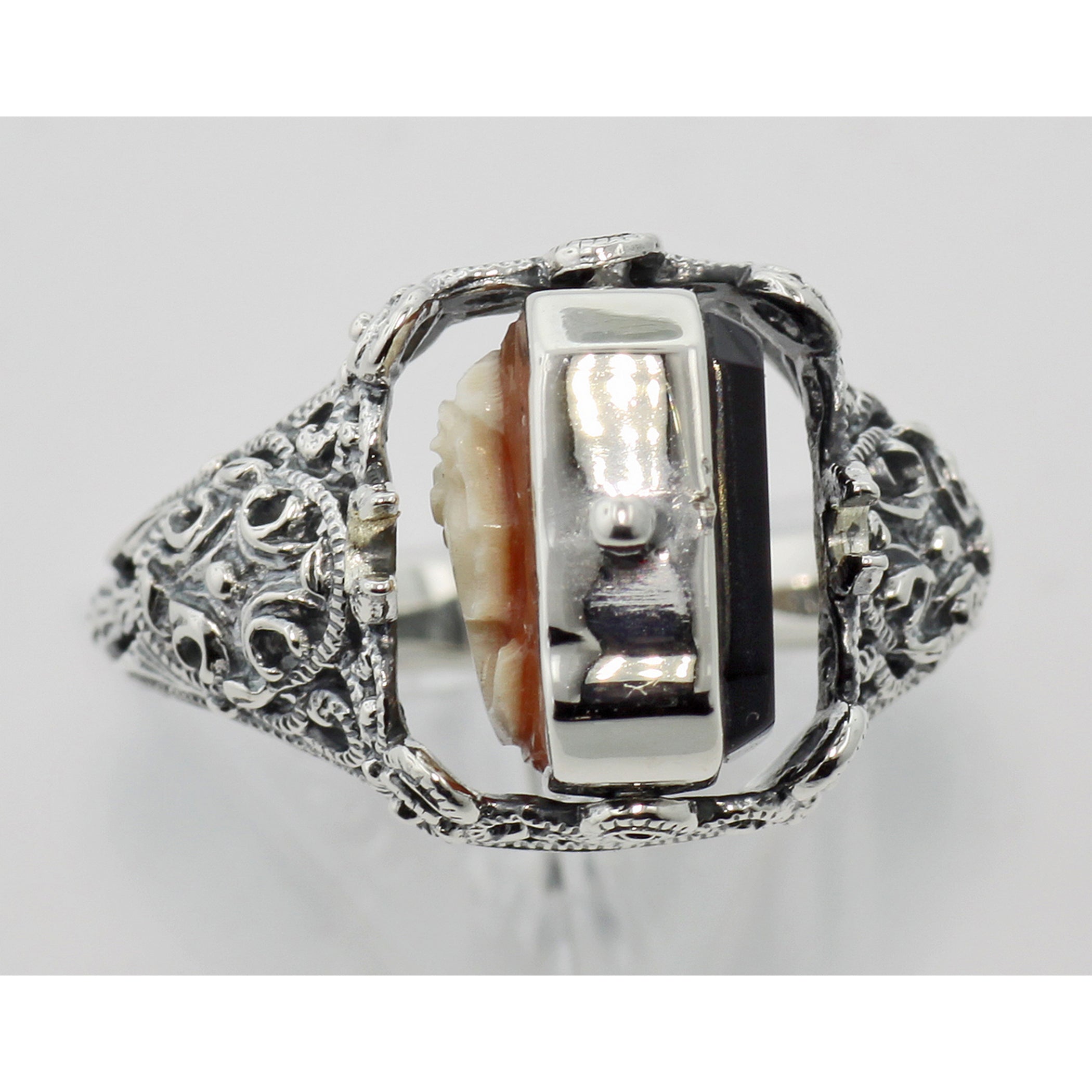 Detail view of Hand Carved Italian Cameo / Onyx Filigree Flip Ring highlighting Onyx