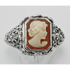 Back view of Hand Carved Italian Cameo / Onyx Filigree Flip Ring showing 925 sterling silver hallmark