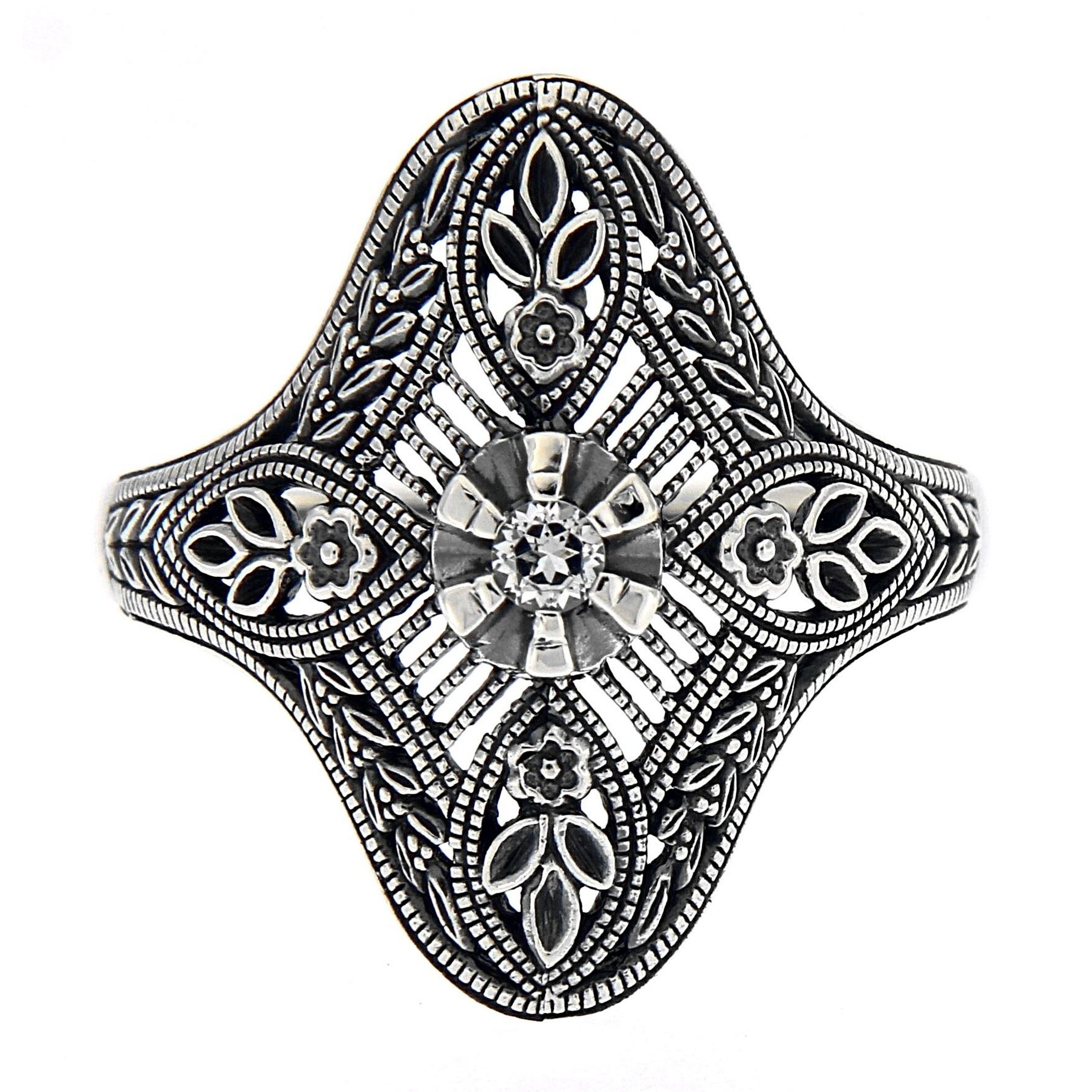 Detail view of Art Deco Style White Topaz Solitaire Filigree Ring highlighting White Topaz