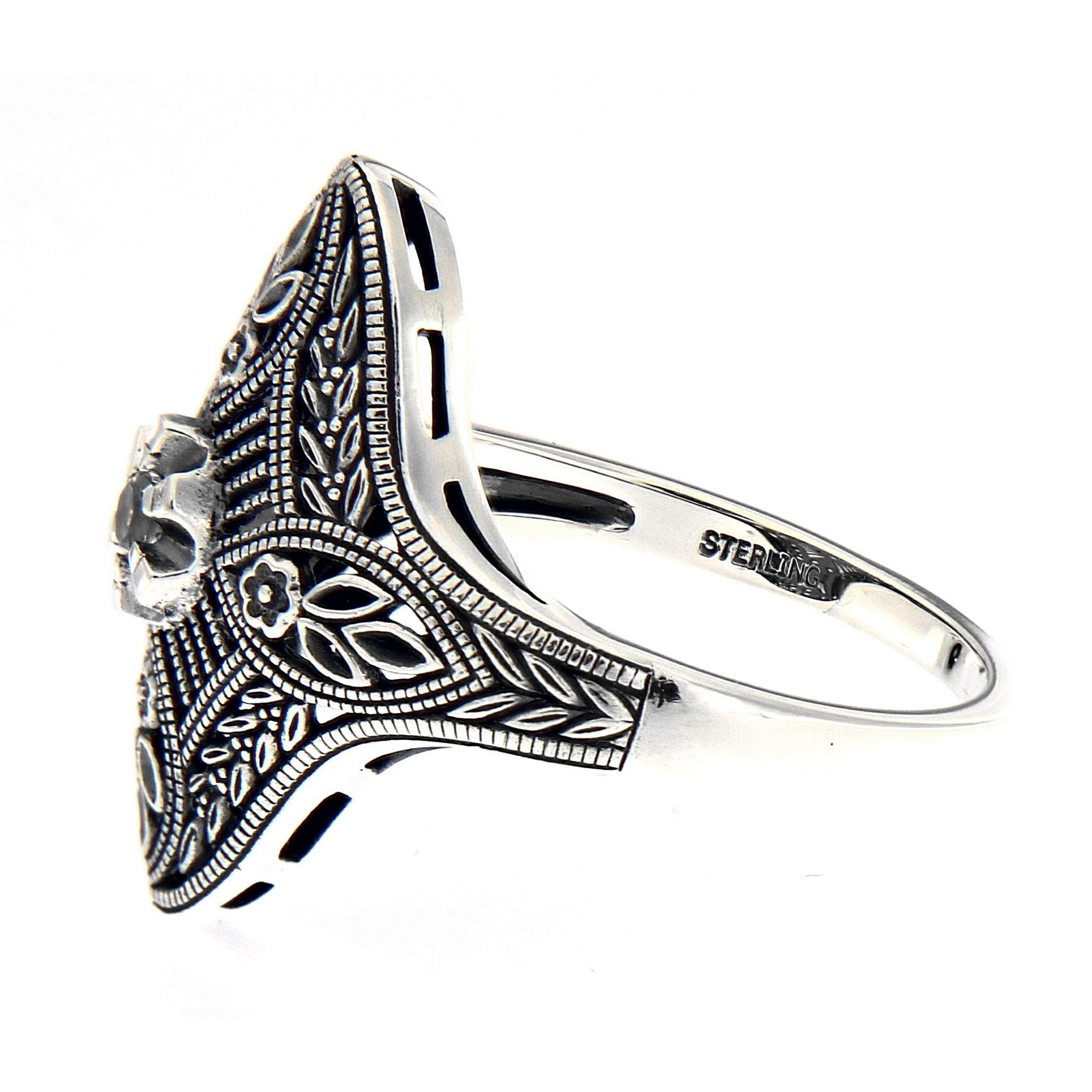 Back view of Art Deco Style White Topaz Solitaire Filigree Ring showing 925 sterling silver hallmark