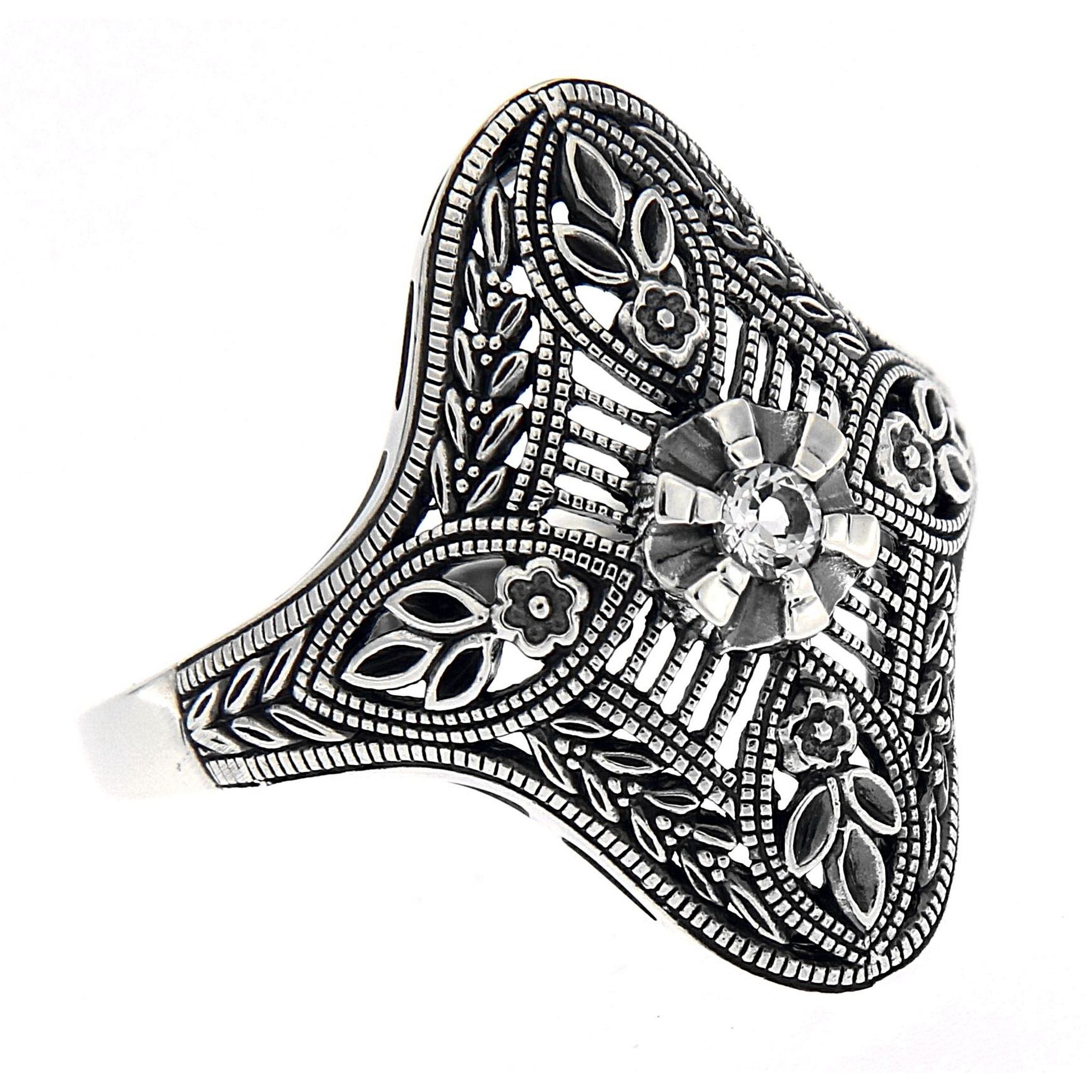 Art Deco style, White Topaz, sterling silver rings, front view
