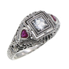 Art Deco style, White Topaz, Ruby, sterling silver rings, front view