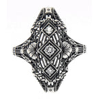 Detail view of Art Deco Style Three Stone Sterling Silver Filigree White Topaz Ring highlighting White Topaz