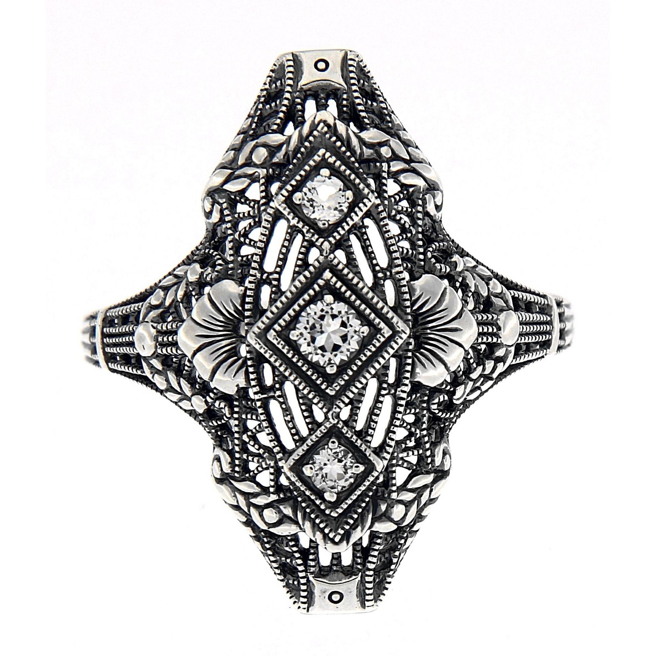 Detail view of Art Deco Style Three Stone Sterling Silver Filigree White Topaz Ring highlighting White Topaz