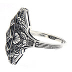 Back view of Art Deco Style Three Stone Sterling Silver Filigree White Topaz Ring showing 925 sterling silver hallmark