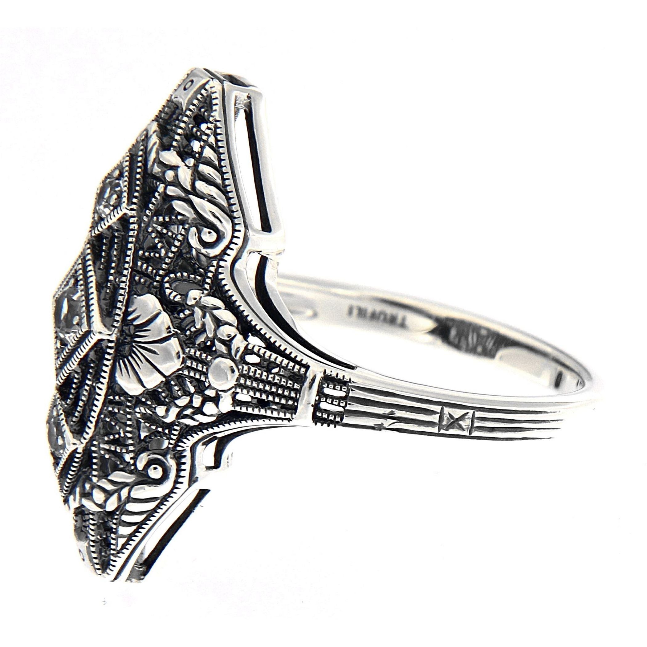 Back view of Art Deco Style Three Stone Sterling Silver Filigree White Topaz Ring showing 925 sterling silver hallmark