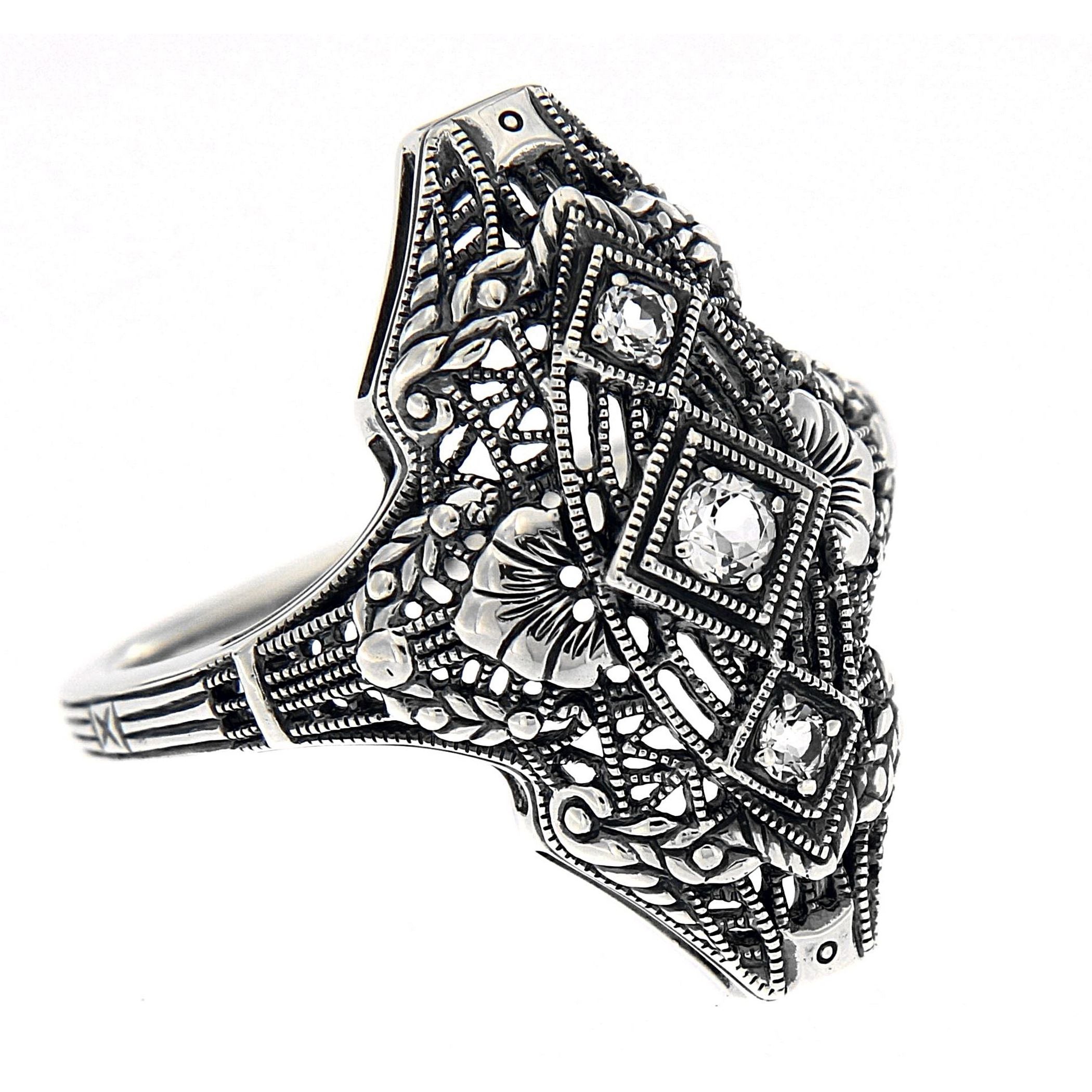 Art Deco style, White Topaz, sterling silver rings, front view