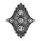 Detail view of Art Deco Style Three Stone Sterling Silver Filigree White Topaz Ring highlighting White Topaz