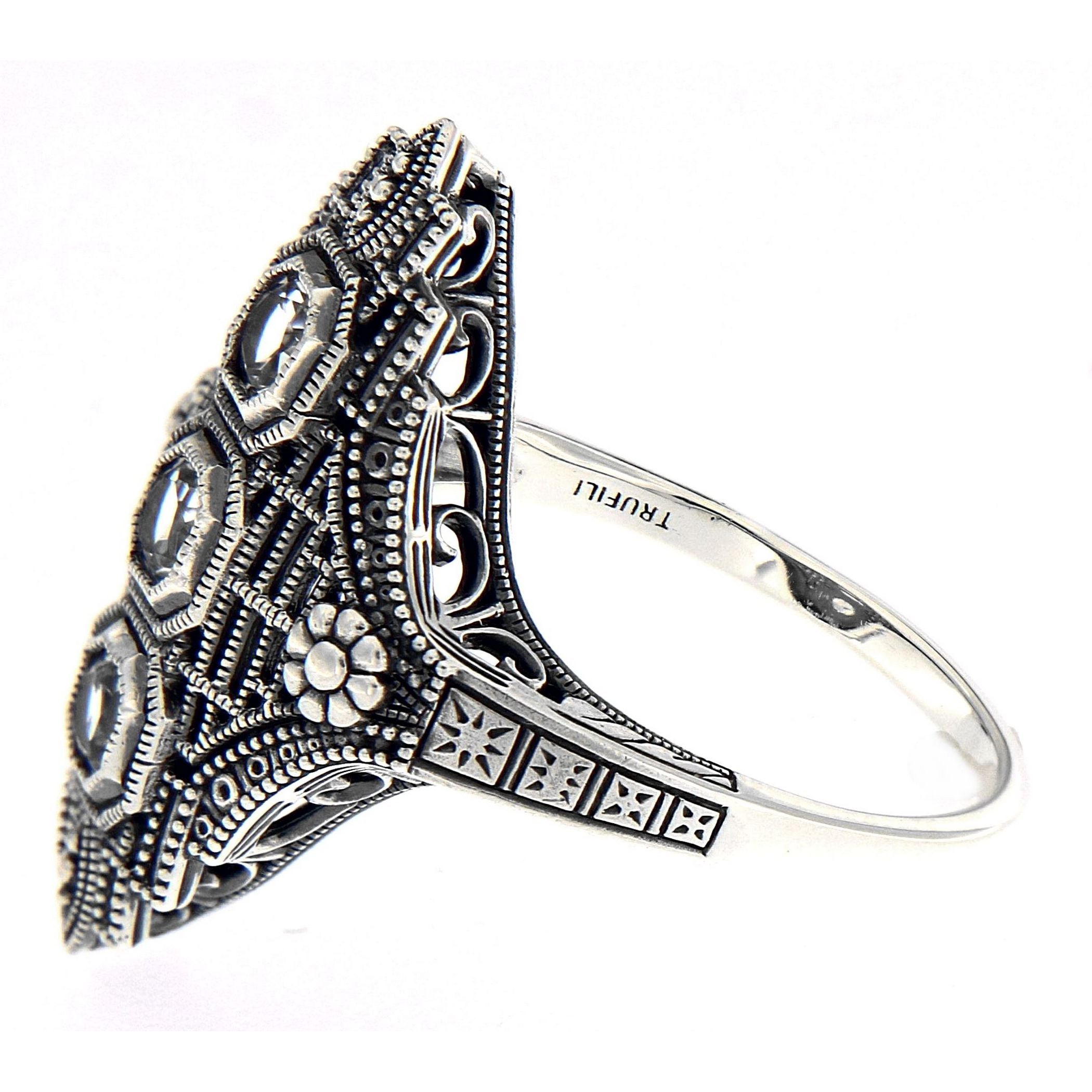 Back view of Art Deco Style Three Stone Sterling Silver Filigree White Topaz Ring showing 925 sterling silver hallmark