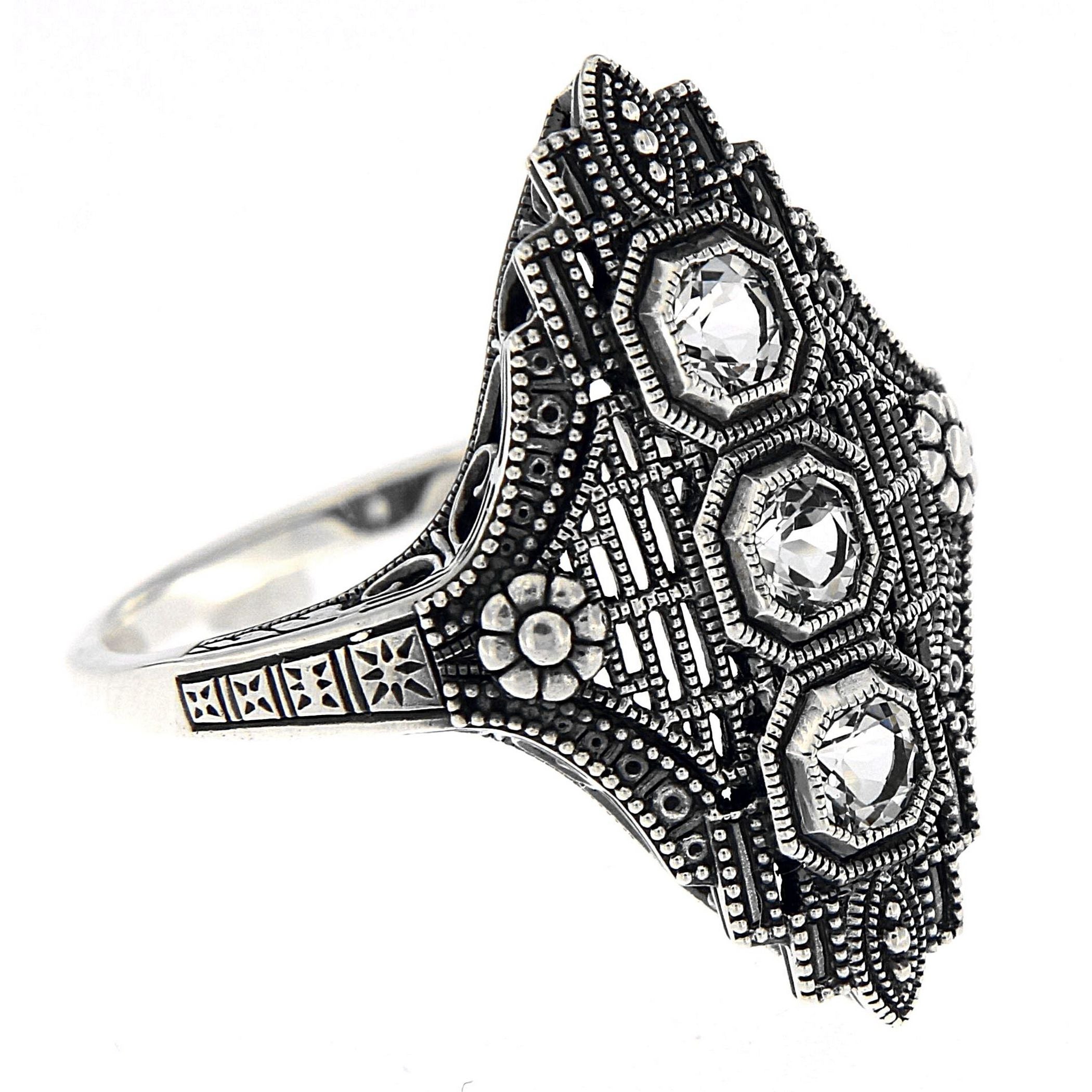 Art Deco style, White Topaz, sterling silver rings, front view