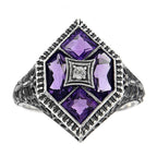 Detail view of Art Deco Style Filigree Ring w/ Amethyst White Topaz highlighting Amethyst, White Topaz