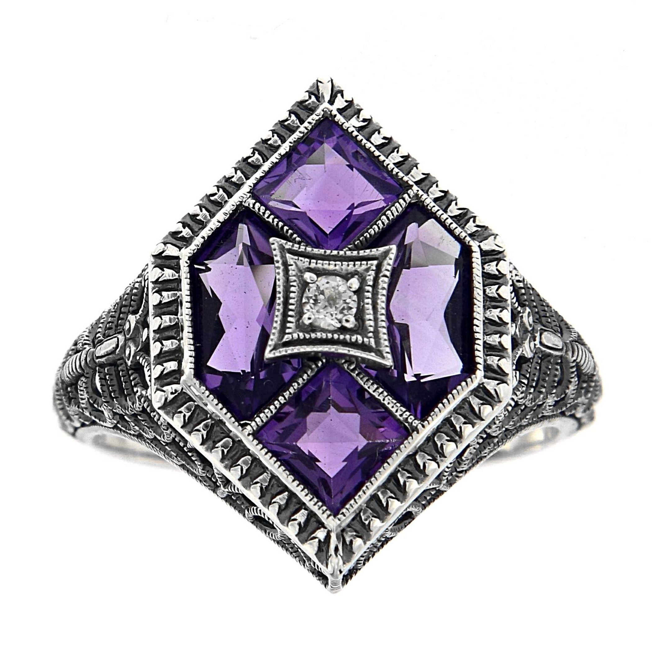 Detail view of Art Deco Style Filigree Ring w/ Amethyst White Topaz highlighting Amethyst, White Topaz