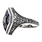 Back view of Art Deco Style Filigree Ring w/ Amethyst White Topaz showing 925 sterling silver hallmark