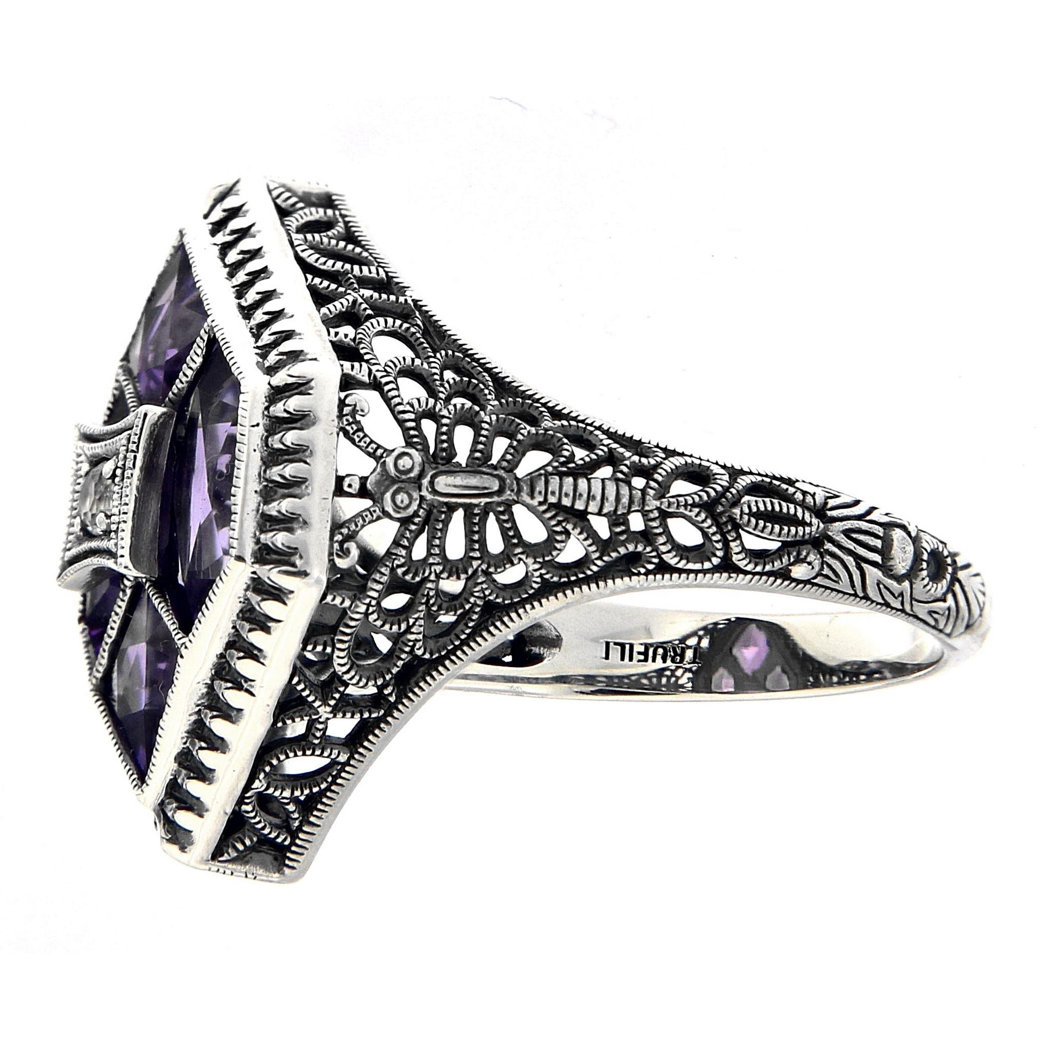 Back view of Art Deco Style Filigree Ring w/ Amethyst White Topaz showing 925 sterling silver hallmark