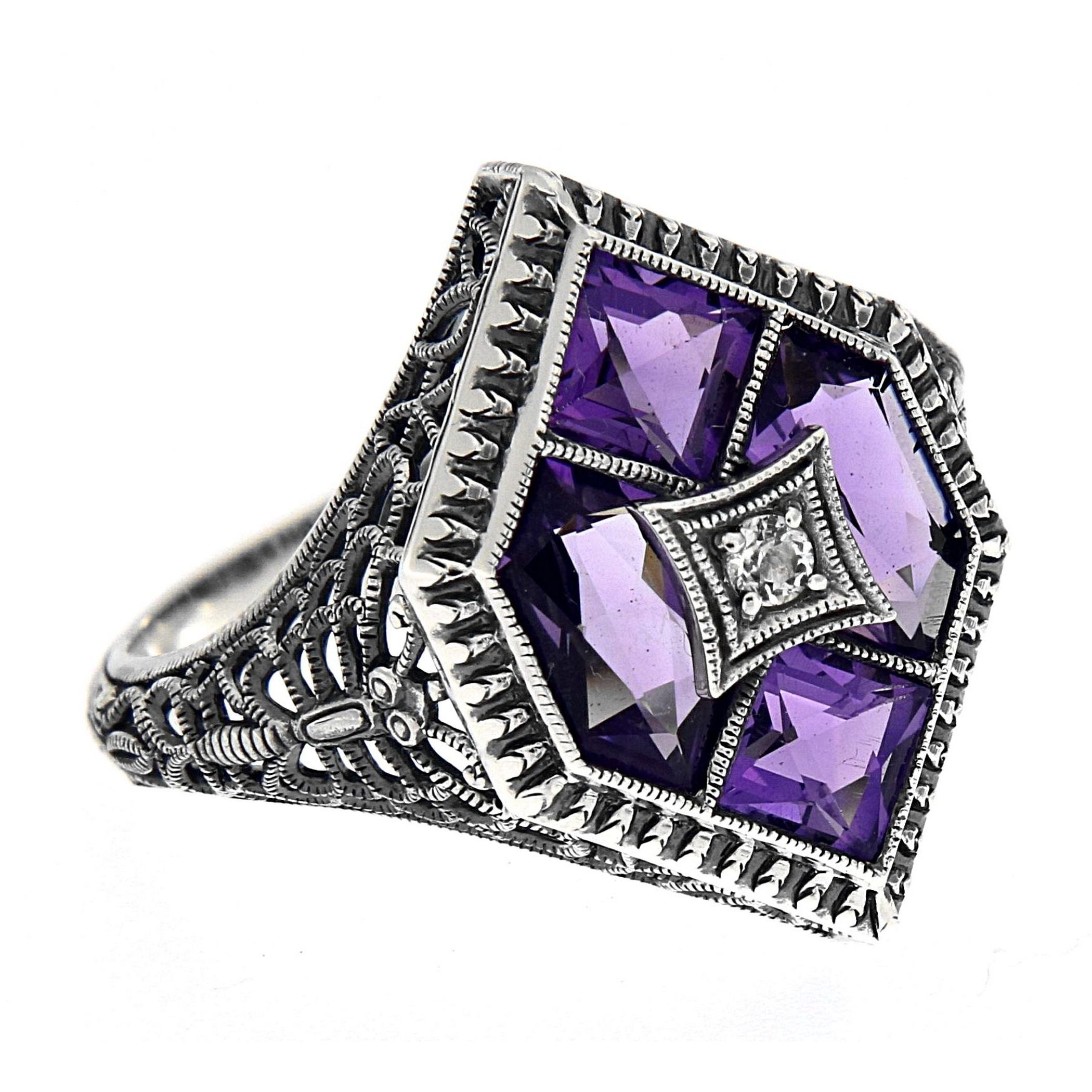 Art Deco style, Amethyst, White Topaz, sterling silver rings, front view