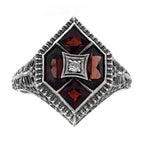Detail view of Art Deco Style Filigree Ring w/ Garnet White Topaz highlighting Garnet, White Topaz