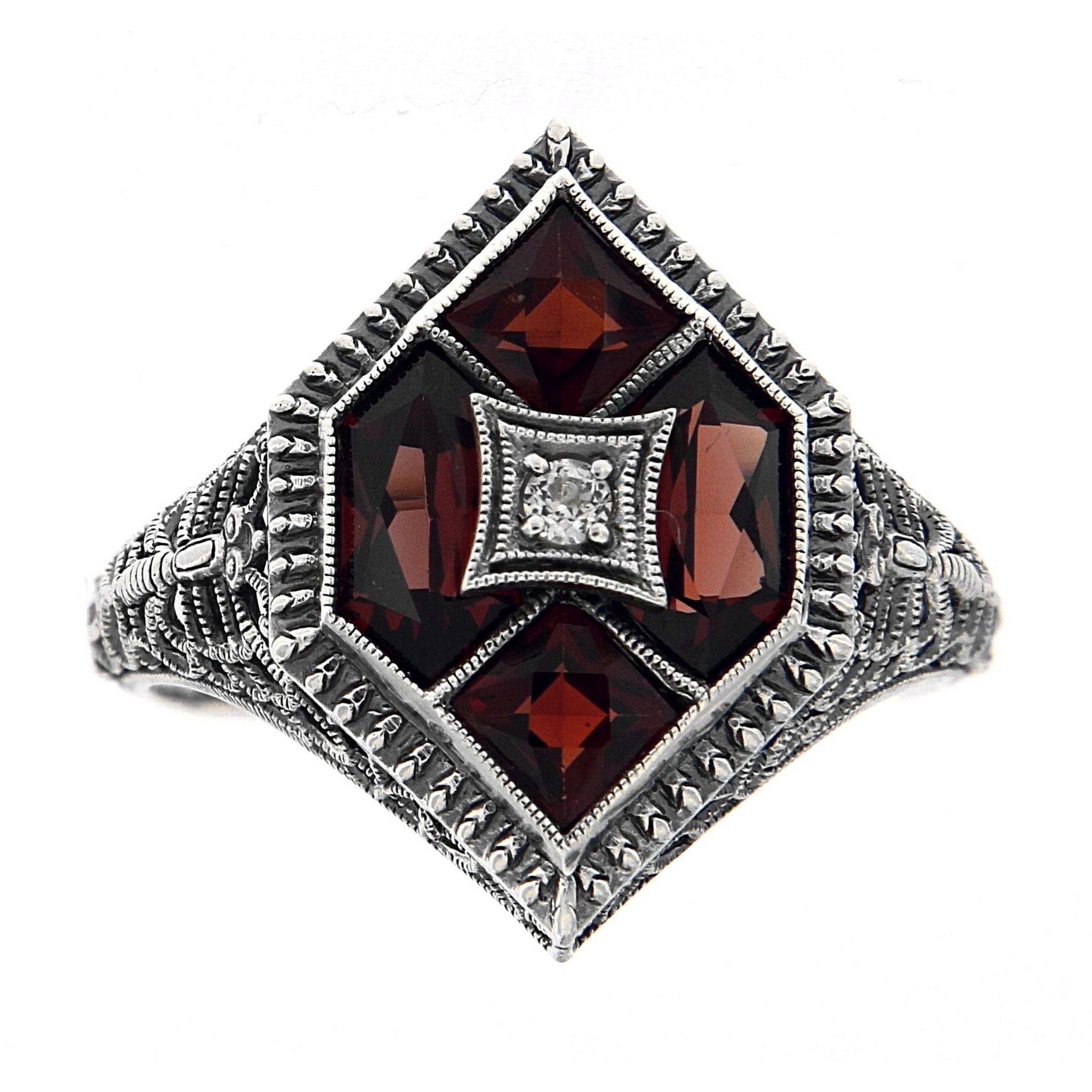 Detail view of Art Deco Style Filigree Ring w/ Garnet White Topaz highlighting Garnet, White Topaz