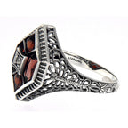 Back view of Art Deco Style Filigree Ring w/ Garnet White Topaz showing 925 sterling silver hallmark