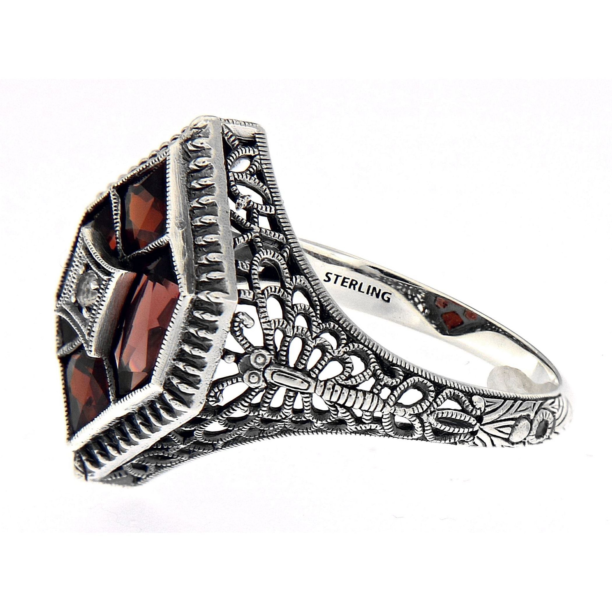 Back view of Art Deco Style Filigree Ring w/ Garnet White Topaz showing 925 sterling silver hallmark
