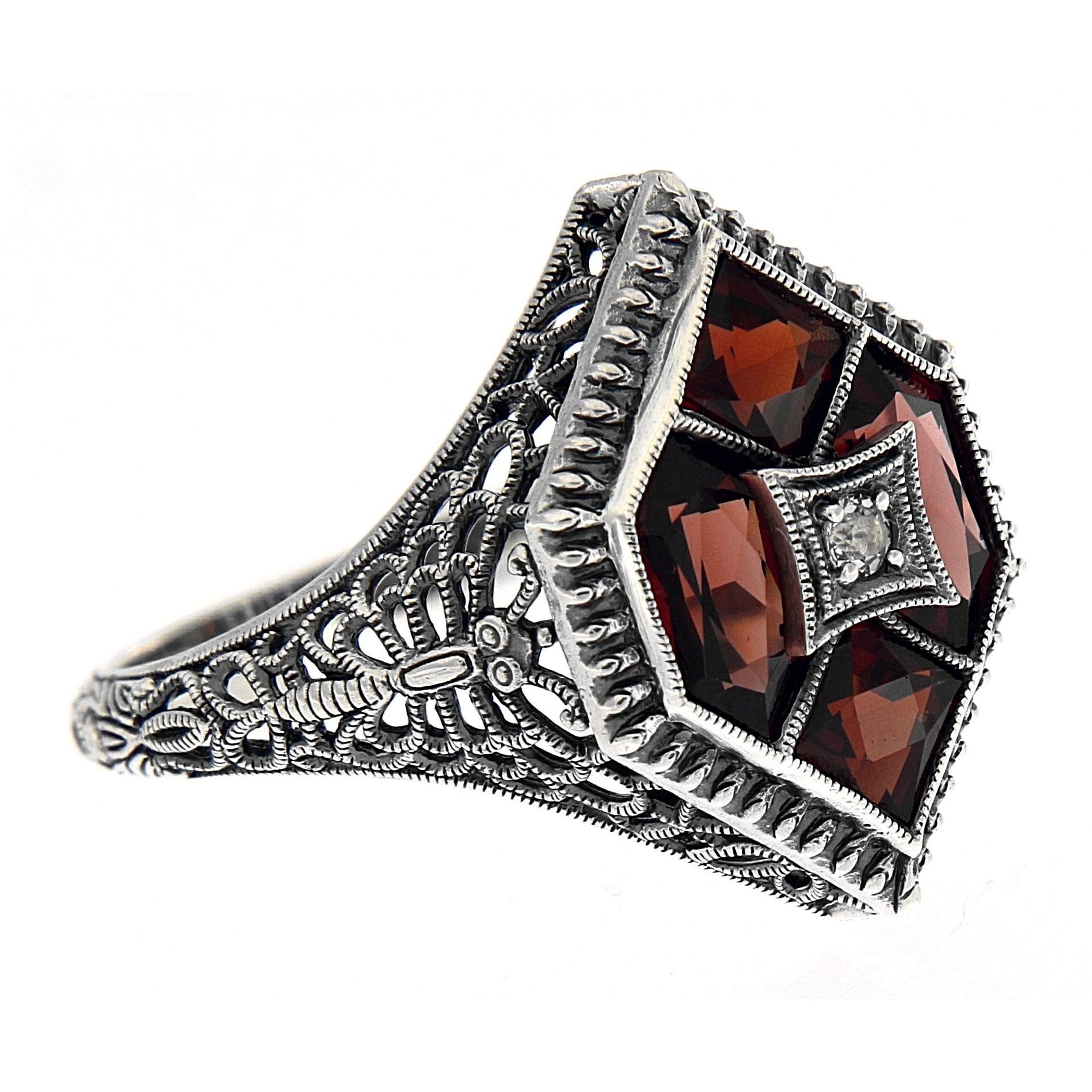 Art Deco style, Garnet, White Topaz, sterling silver rings, front view