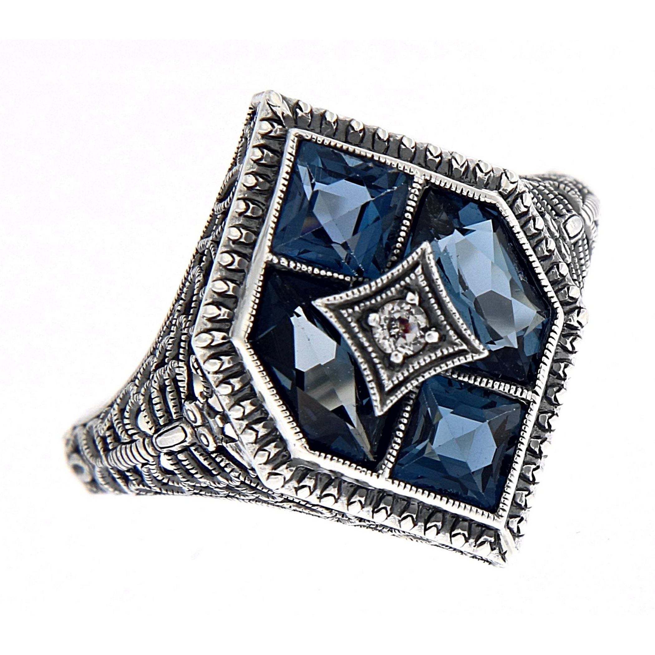 Art Deco style, White Topaz, sterling silver rings, front view