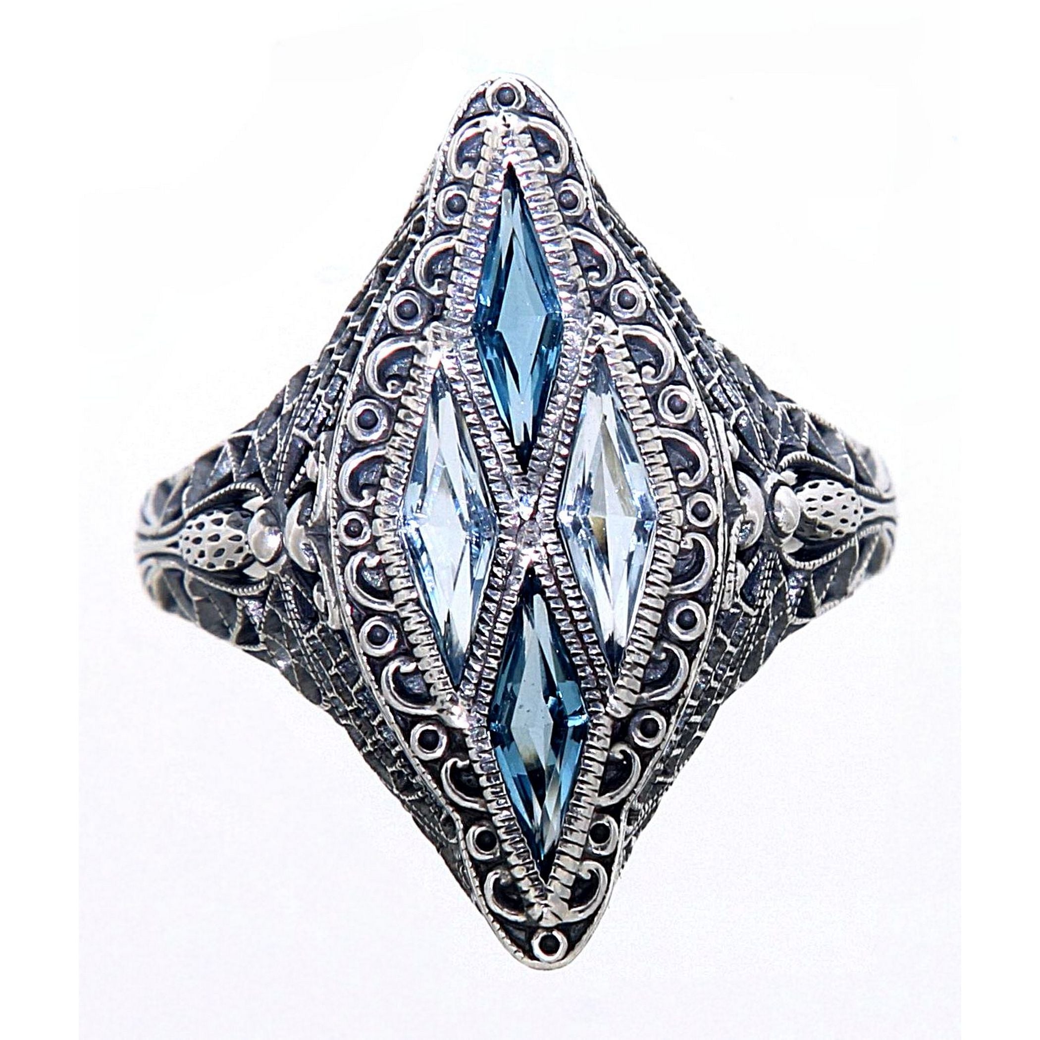 Back view of Art Deco Style Ring with London Blue Topaz - Blue Topaz showing 925 sterling silver hallmark